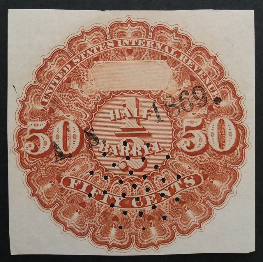 50 C 1/2 Barrel- 1867 Sc REA11 - Orange Brown Square Cut- printed HC "AS 1869" Amana Society PI -Priester 11aB Census 18 