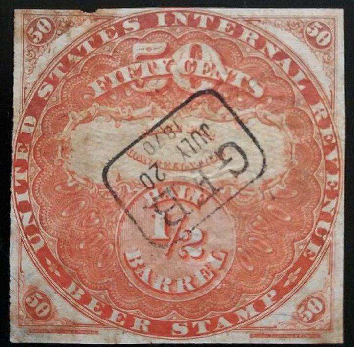 50c 1/2 Barrel- 1870 -Sc REA17a- Red- Yellow Security Lines -GFB 1870 Cancel-Priester 18A Census 26