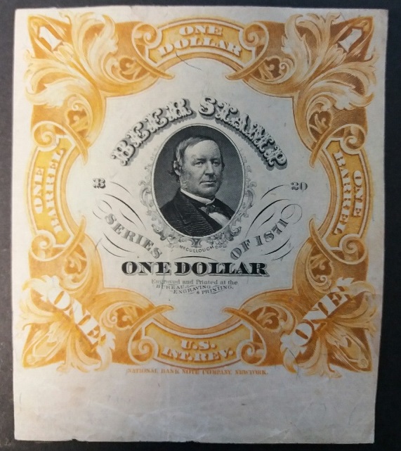 1D 1 Barrel- 1871- Sc REA27- Yellow Orange-White silk paper- Hugh McCulloch - Mint margin copy