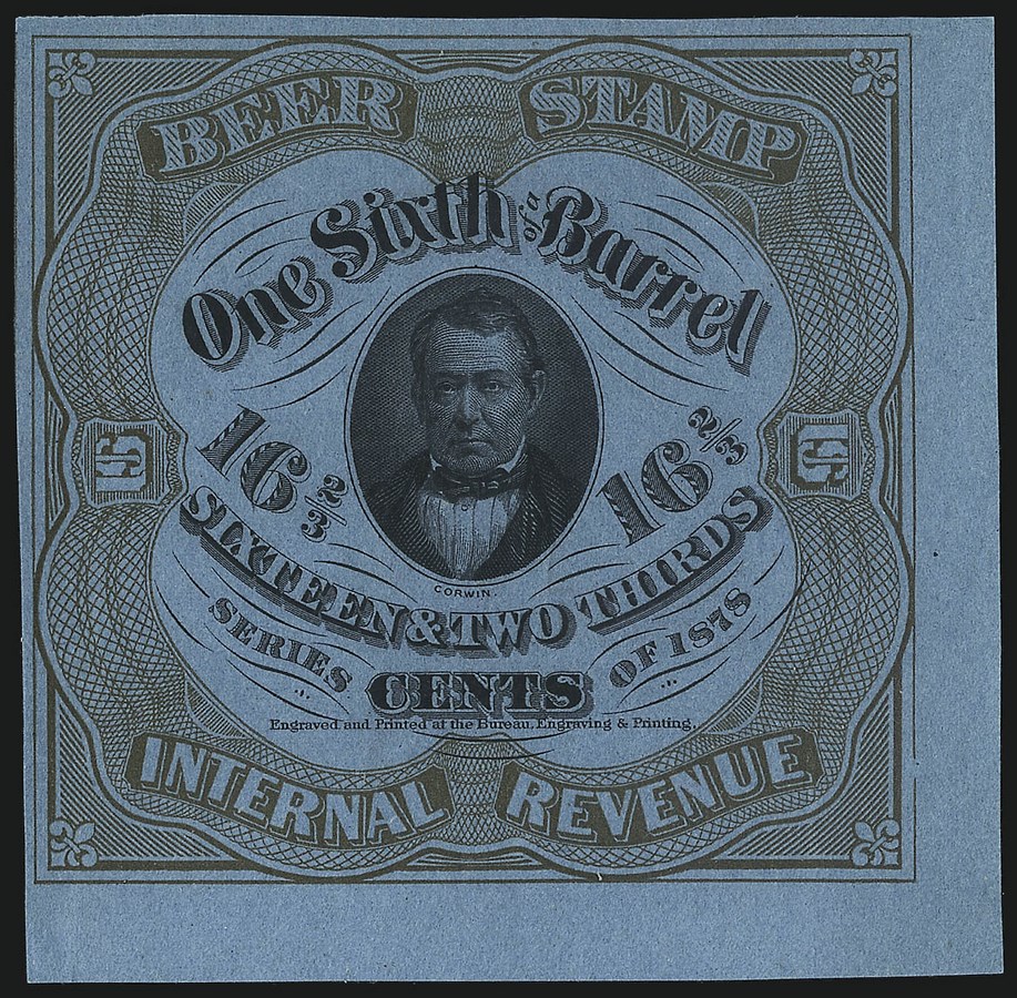 16-2/3c 1/6 Barrel- 1878- ScREA38e - Light Brown on Blue- Corwin-Blue paper-no plate letter or number or position number-Mint - Priester 39E Census 72