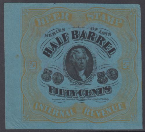 50c 1/2 Barrel- 1878 Sc REA41e -Orange -blue paper Jefferson-no plate letter or number or position number -Priester 42E