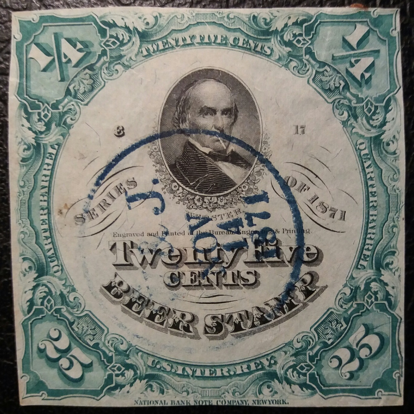 25c 1/4 Barrel- 1871 Sc REA22-green white silk paper - Daniel Webster