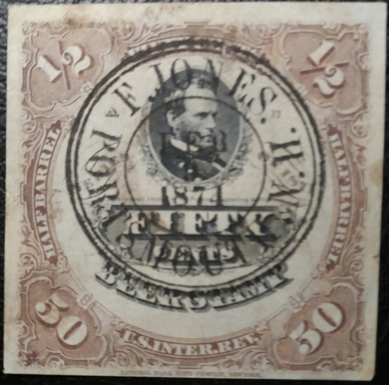 50c 1/2 Barrel- 1871 Sc REA25 -Brown-gray silk paper- General William T Sherman- F JONES PORTSMOUTH NH black cds 