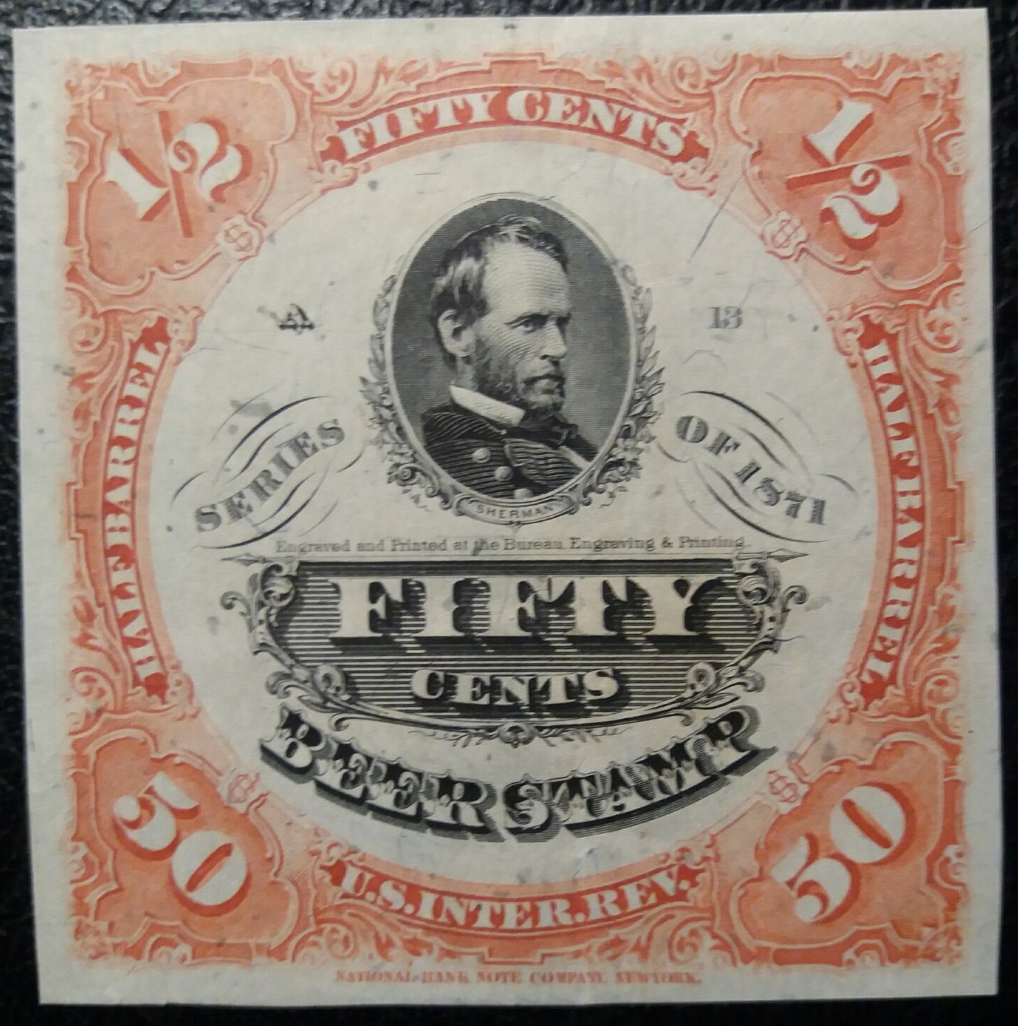 50c 1/2 Barrel-1871- Sc REA26- Red-white silk paper-General WilliamT Sherman -Mint -